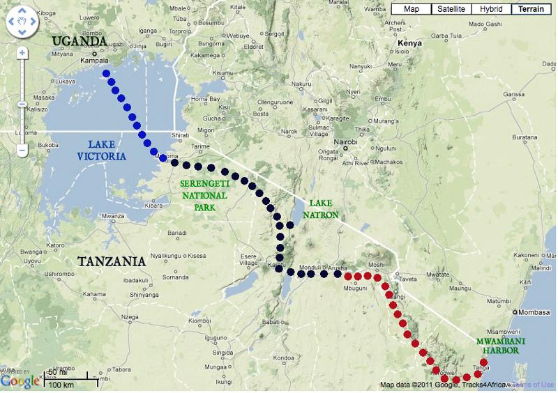 Mapka pravděpodobné trasy železnice Tanga Port - Kampala